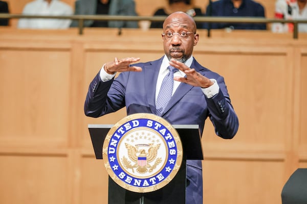 U.S. Sen. Raphael Warnock, D-Ga., gives remarks during a town hall at Zion Hill Baptist Church on May 4, 2025. (Miguel Martinez/AJC)