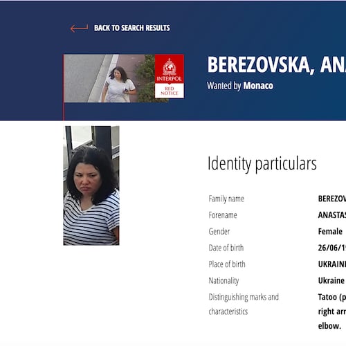 This screenshot of the Interpol webpage shows a Red Notice for Anastasiia Berezovska, a suspect in the Monaco bombing that reportedly targeted a Ukrainian tycoon with links to Russia. (Interpol via AP)