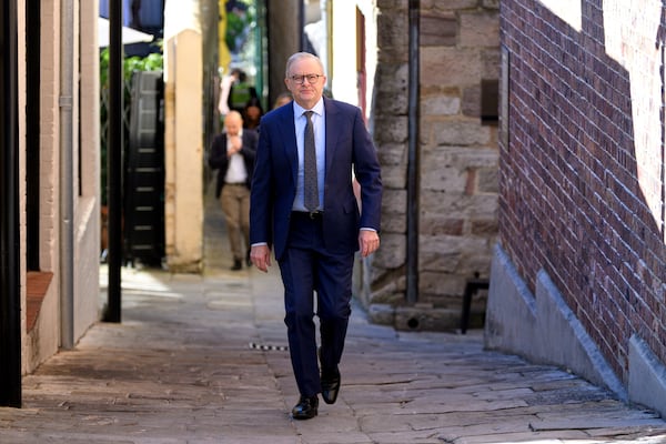 Australian Prime Minister Anthony Albanese leaves a media event in Sydney, Friday, July 11, 2025. (Steven Markham/AAP Image via AP)