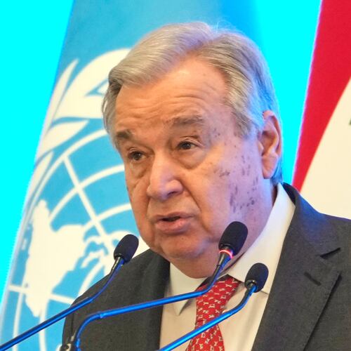 United National Secretary-General Antonio Guterres speaks during an event to mark the end of the U.N. political mission, in Baghdad, Iraq, Saturday, Dec. 13, 2025. (AP Photo/Hadi Mizban)
