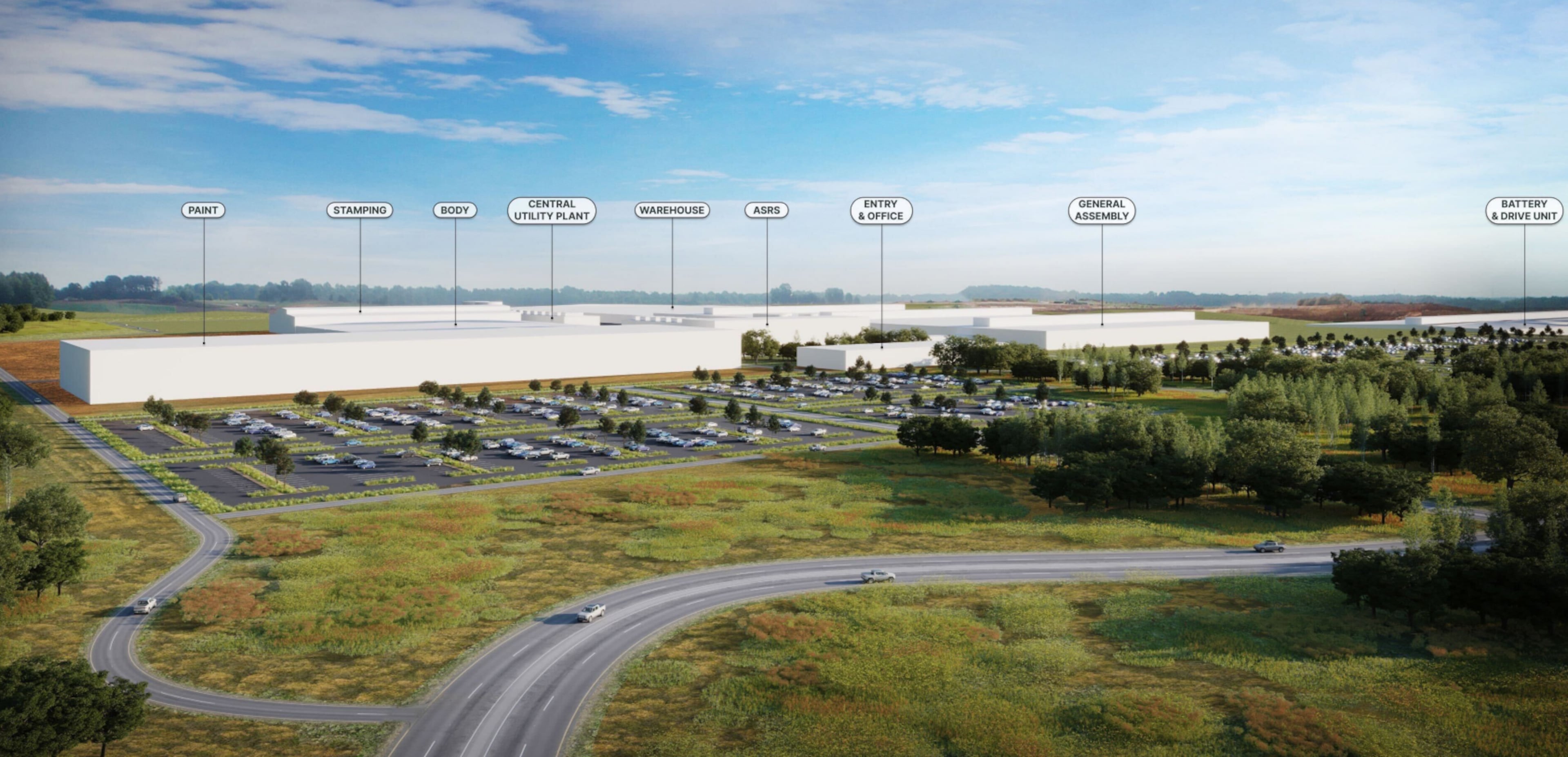 Clayco was chosen to build Rivian's future $5 billion electric vehicle factory in Georgia. This is a rendering of the project. (Courtesy of Clayco)
