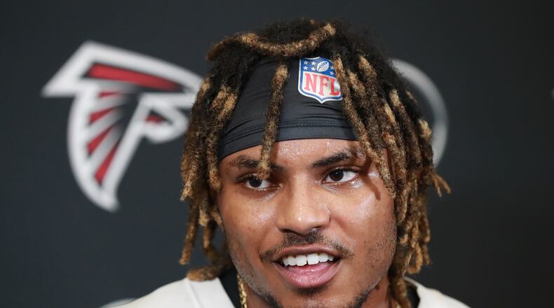 May 11, 2019 Flowery Branch: Atlanta Falcons cornerback Jordan Miller takes questions from the media during rookie minicamp on Saturday, May 11, 2019, in Flowery Branch. Curtis Compton/ccompton@ajc.com