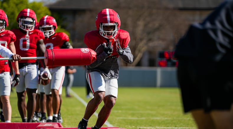 Georgia running back Trevor Etienne (1) during Georgia’s practice session in Athens, Ga., on Tuesday, March 19, 2024. (Tony Walsh/UGAAA)