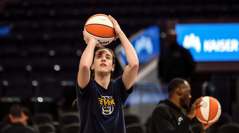 Indiana Fever's Caitlin Clark warms up before the Golden State Valkyries played the Indiana Fever at Chase Center in San Francisco Thursday, May 28, 2026.(Carlos Avila Gonzalez/San Francisco Chronicle via AP)