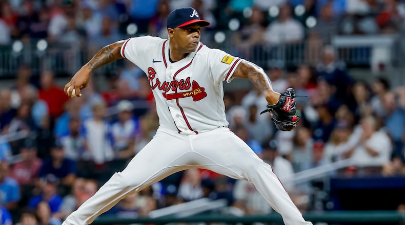 Braves pitcher Raisel Iglesias delivers to a Los Angeles Dodgers batter on Tuesday, Aug. 25, 2026, in Atlanta. Iglesias is two saves shy of his sixth 30-save season. (Erik S. Lesser/AP)