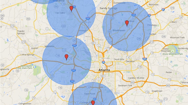 According to the Federal Aviation Administration, operators of model aircraft -- including recreational drones -- are required to notify the airport or airport air traffic control tower before flying within five miles of an airport. This image is a detail from a map of metro Atlanta's airports and the five-mile radius zones surrounding them. Explore the full map here.