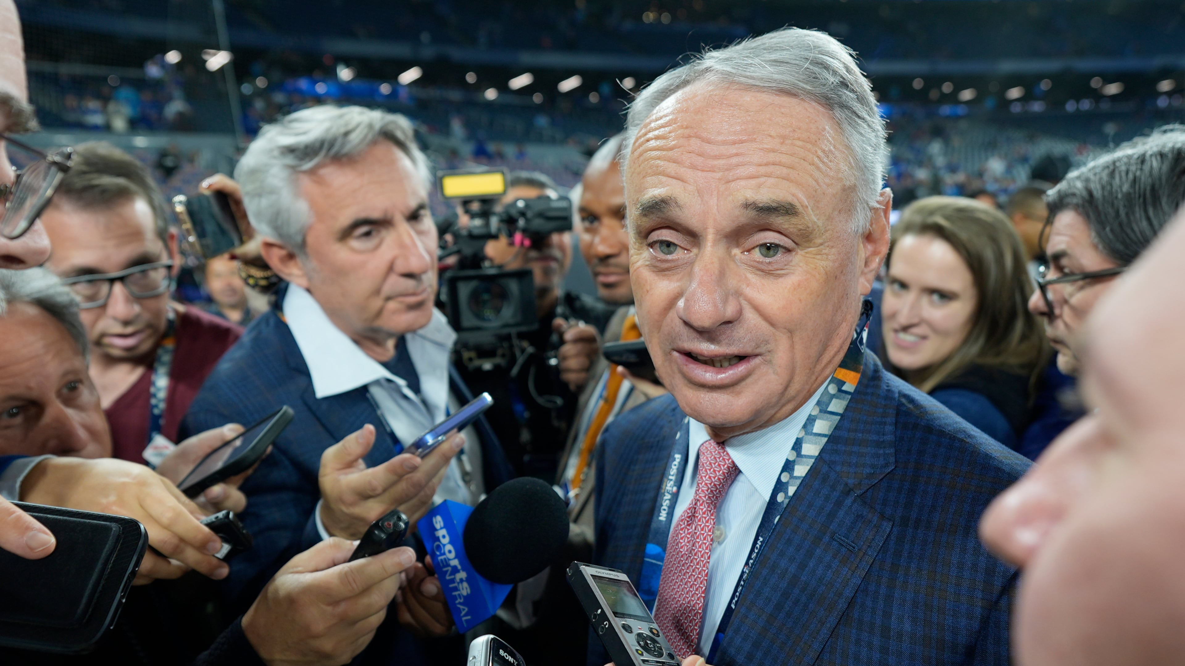 MLB commissioner Rob Manfred speaks prior to Game 2 of baseball's World Series between the Toronto Blue Jays and the Los Angeles Dodgers, Saturday, Oct. 25, 2025, in Toronto. (AP Photo/David J. Phillip)