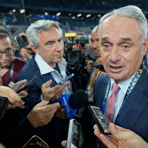 MLB commissioner Rob Manfred speaks prior to Game 2 of baseball's World Series between the Toronto Blue Jays and the Los Angeles Dodgers, Saturday, Oct. 25, 2025, in Toronto. (AP Photo/David J. Phillip)