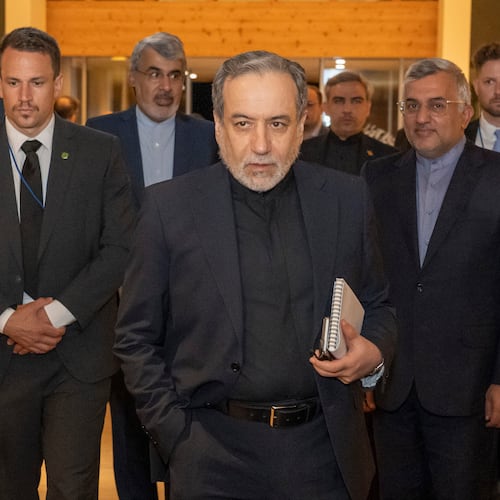 Iranian Foreign Minister Seyyed Abbas Araghchi, center, arrives at the Buergenstock resort in Obbuergen, near Lucerne, Switzerland, early Sunday, June 21, 2026. (Urs Flueeler/Keystone, Pool via AP)