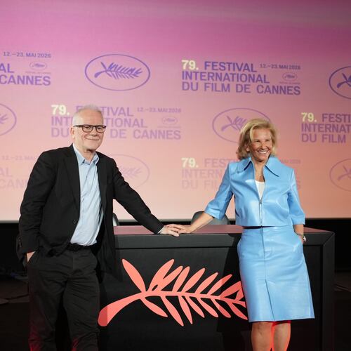 Cannes film festival president Iris Knobloch, right, and Cannes film festival delegate general Thierry Fremaux pose after a press conference to announce the International Cannes film festival line up for the upcoming 79th edition, Thursday, April 9, 2026 in Paris. (AP Photo/Thibault Camus)