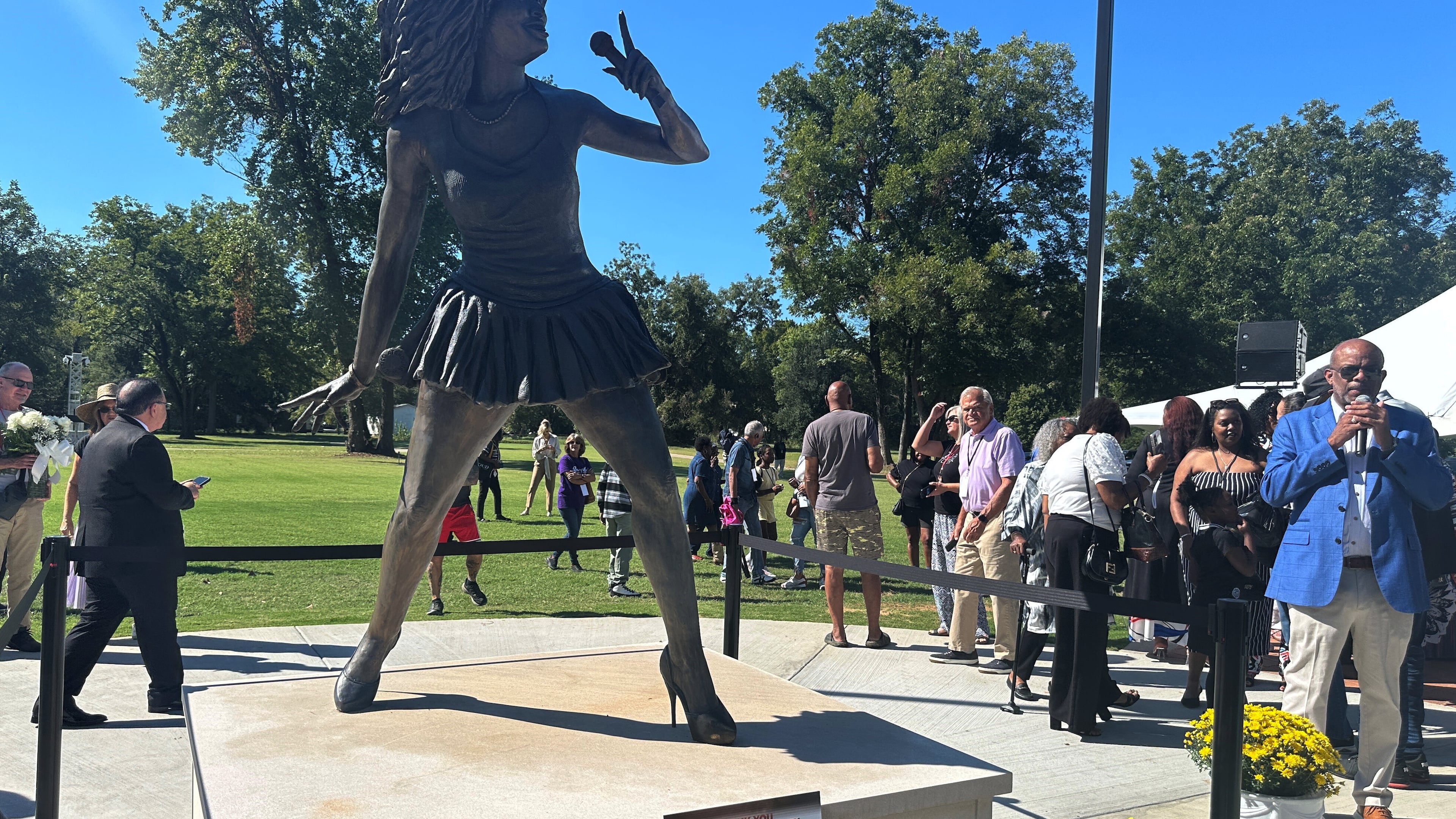 A newly-unveiled statue of singer Tina Turner stands at a park on Saturday, Sept. 27, 2025, in Brownsville, Tenn. (AP Photo/Adrian Sainz).