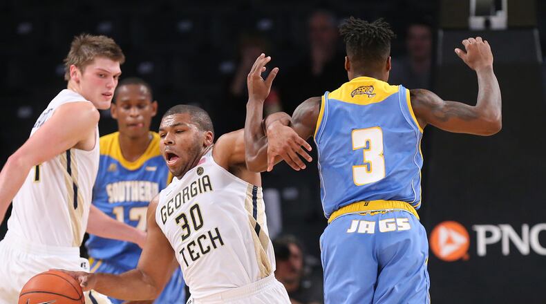 Georgia Tech guard Corey Heyward steals from Southern Jaguars’ Tre’lun Banks on Monday, Nov. 14, 2016 at McCamish Pavilion in Atlanta, Ga. (Curtis Compton/Atlanta Journal-Constitution/TNS)
