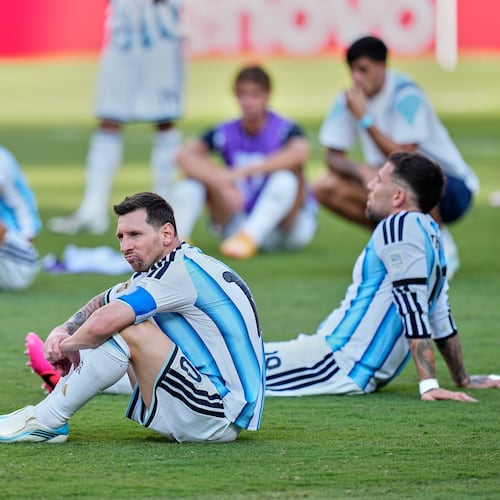 Argentina's Lionel Messi (10) reacts after the World Cup final soccer match between Spain and Argentina in East Rutherford, N.J., near New York, Sunday, July 19, 2026. (AP Photo/Ashley Landis)