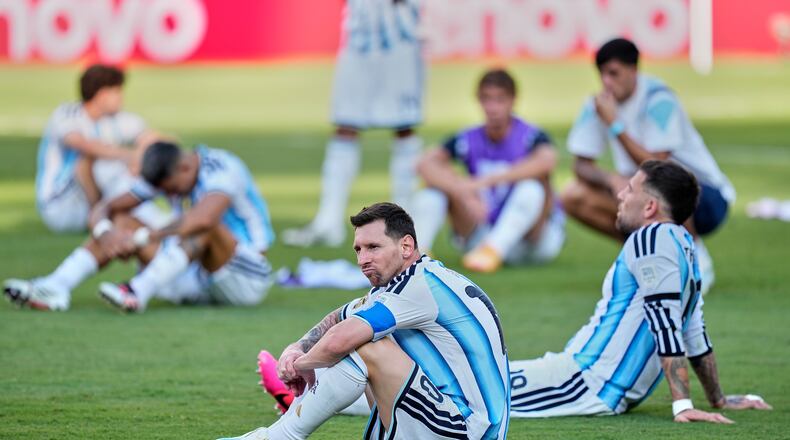 Argentina's Lionel Messi (10) reacts after the World Cup final soccer match between Spain and Argentina in East Rutherford, N.J., near New York, Sunday, July 19, 2026. (AP Photo/Ashley Landis)
