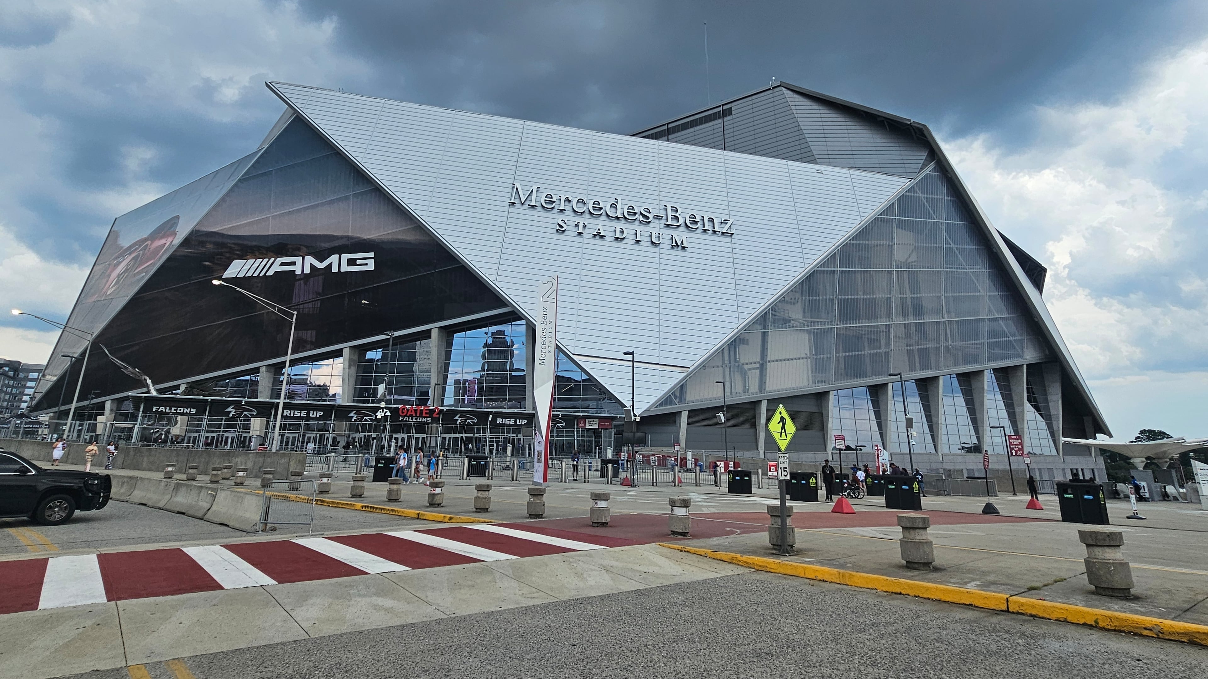 The skies above Mercedes-Benz Stadium are ominous and gray, but Falcons fans won't have to worry about potential rain inside the dome.