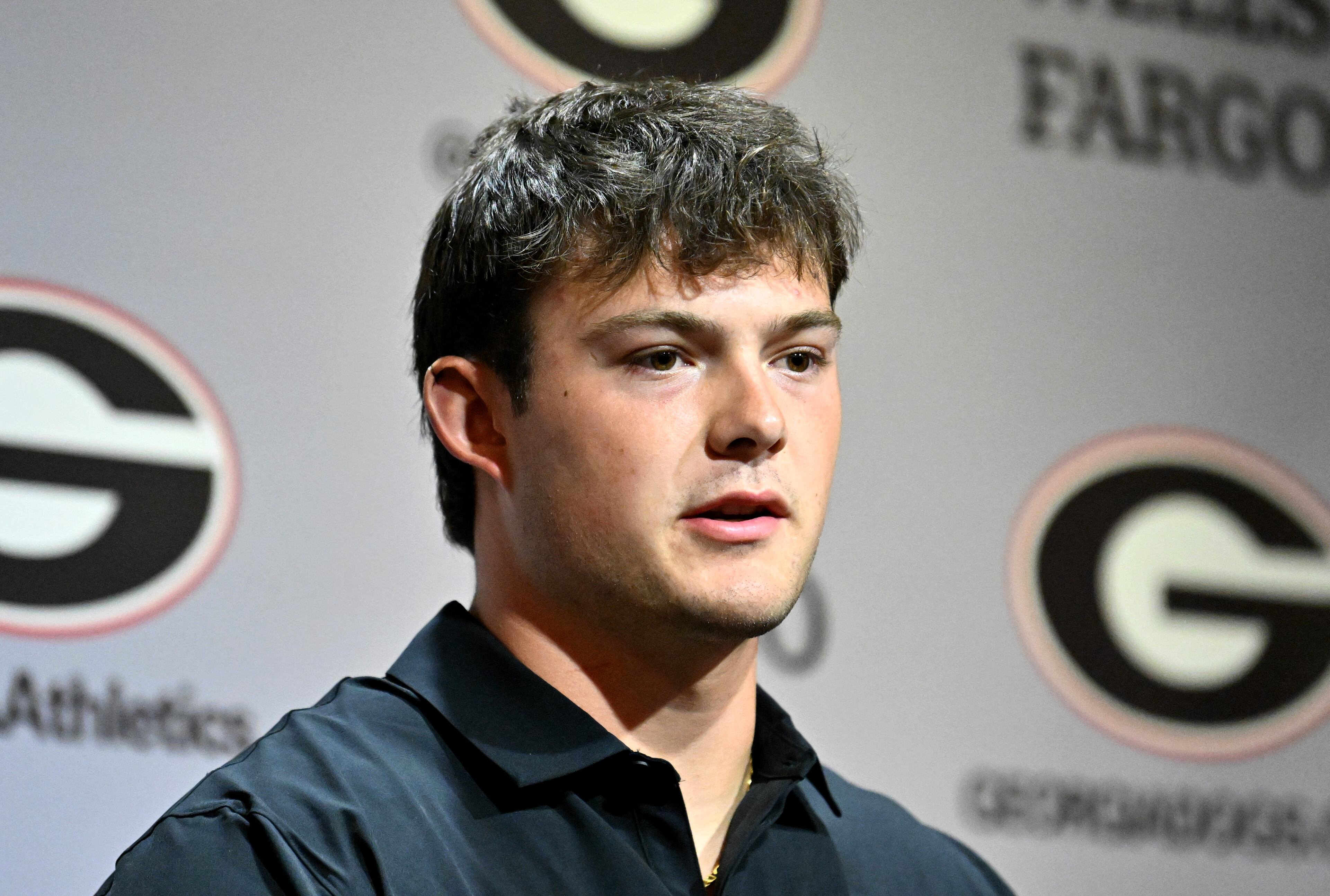 Georgia tight end Oscar Delp speaks to members of the press during a press conference ahead of their football practice at the Butts-Mehre Building, Thursday, July 31, 2025, in Athens. (Hyosub Shin / AJC)