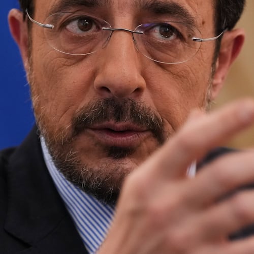 Cypriot President Nikos Christodoulides gestures as he speaks during an Associated Press interview ahead of this week's major EU-Middle East summit, at the presidential palace in the capital Nicosia, Cyprus, Tuesday, April 21, 2026. (AP Photo/Petros Karadjias)