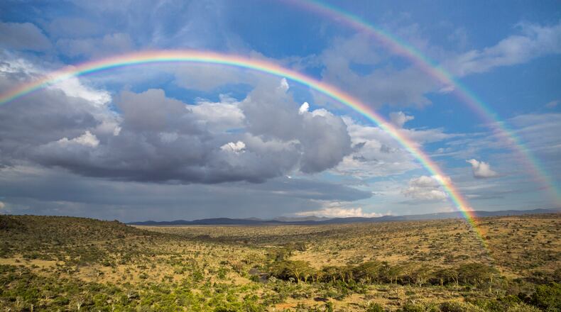 Kenya, Laikipia County, Laikipia. A double rainbow.