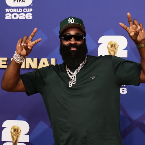James Harden arrives before the World Cup final soccer match between Spain and Argentina in East Rutherford, N.J., near New York, Sunday, July 19, 2026. (AP Photo/Adam Hunger)
