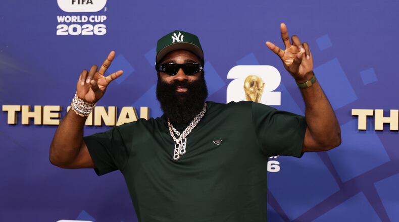 James Harden arrives before the World Cup final soccer match between Spain and Argentina in East Rutherford, N.J., near New York, Sunday, July 19, 2026. (AP Photo/Adam Hunger)