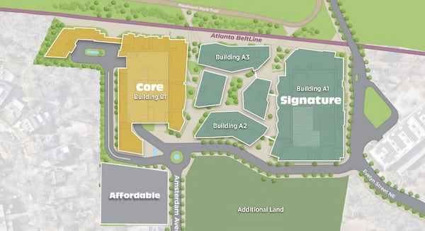 This site map shows Portman Holdings' planned redevelopment of Amsterdam Walk near Piedmont Park and the Atlanta Beltline. (Courtesy of Invest Atlanta)