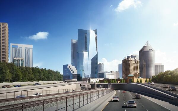 A rendering of a future office and condo tower to rise over Peachtree Road and Ga. 400 in Buckhead. On Monday, Regent Partners and Batson-Cook Development Co. announced a partnership with TIER REIT of Dallas to develop the new high-rise. Regent and Batson-Cook, meanwhile, plan an apartment tower (not pictured) on a portion of the site. HANDOUT