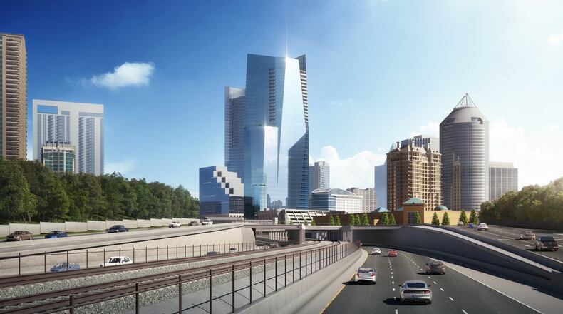 A rendering of a future office and condo tower to rise over Peachtree Road and Ga. 400 in Buckhead. On Monday, Regent Partners and Batson-Cook Development Co. announced a partnership with TIER REIT of Dallas to develop the new high-rise. Regent and Batson-Cook, meanwhile, plan an apartment tower (not pictured) on a portion of the site.