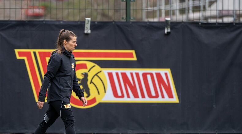 Union Berlin's interim head coach Marie-Louise Eta attends a training session in Berlin, Tuesday, April 14, 2026. (Matthias Koch/dpa via AP)