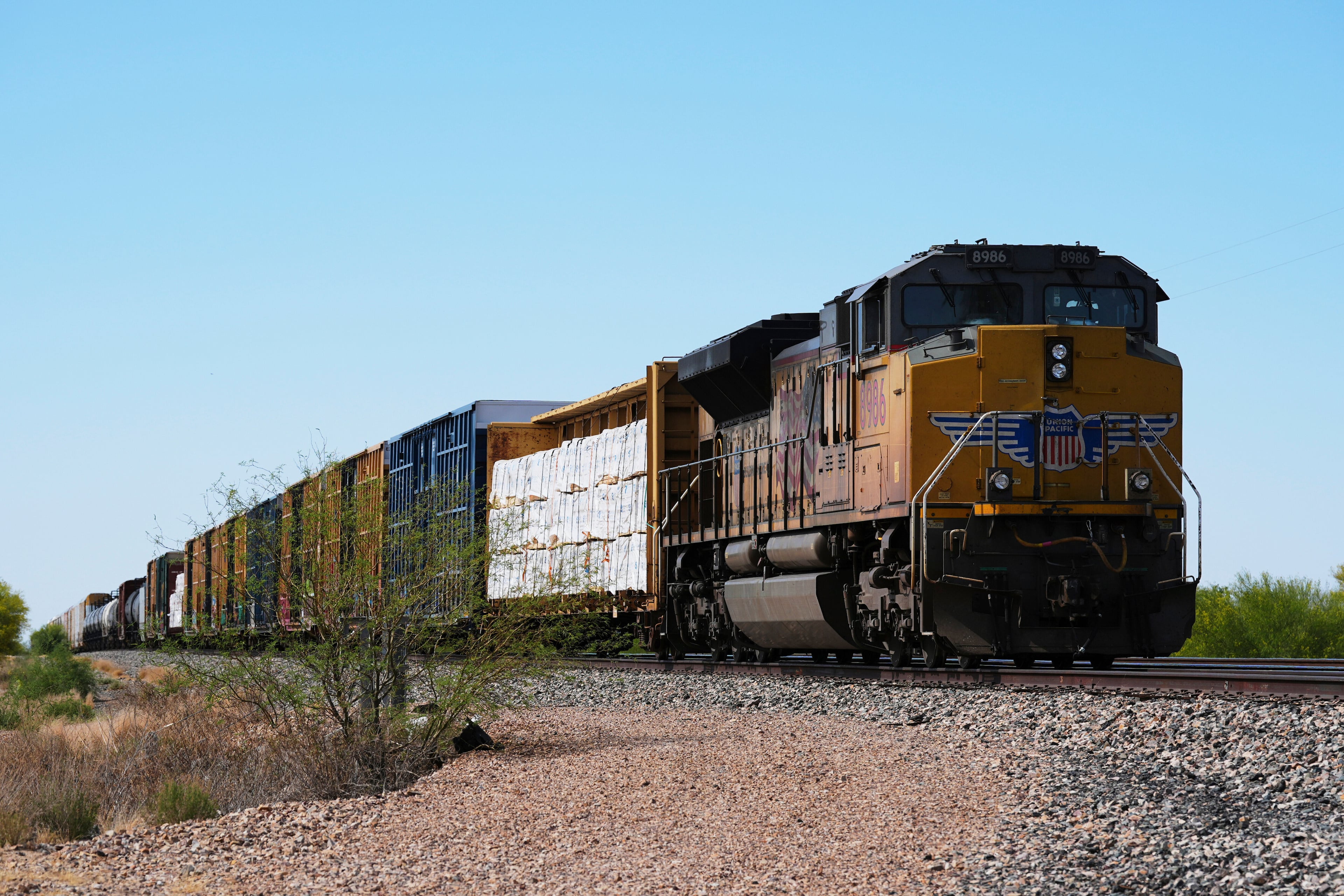 A Union Pacific freight train idles on the track on Thursday, April 17, 2025, in Red Rock, Ariz. Union Pacific has “an opportunity to put together a franchise with the great team over at Norfolk Southern,” CEO Jim Vena says. (Ross D. Franklin/AP)