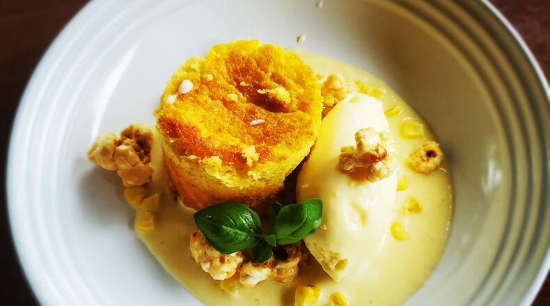 Maiz en Texturas — corn cake, corn sauce, caramel popcorn and corn ice cream — from the menu of Casa Robles, opening in spring 2022 in Roswell. (Courtesy of Casa Robles)