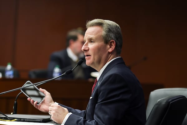 Sen. John Albers, R-Roswell, talks to the Senate Judiciary Committee about Senate Bill 392, which would have made it a crime to use deepfakes in campaign ads, at the Georgia State Capitol on Monday, Jan. 29, 2024. (Natrice Miller/Natrice.miller@ajc.com)