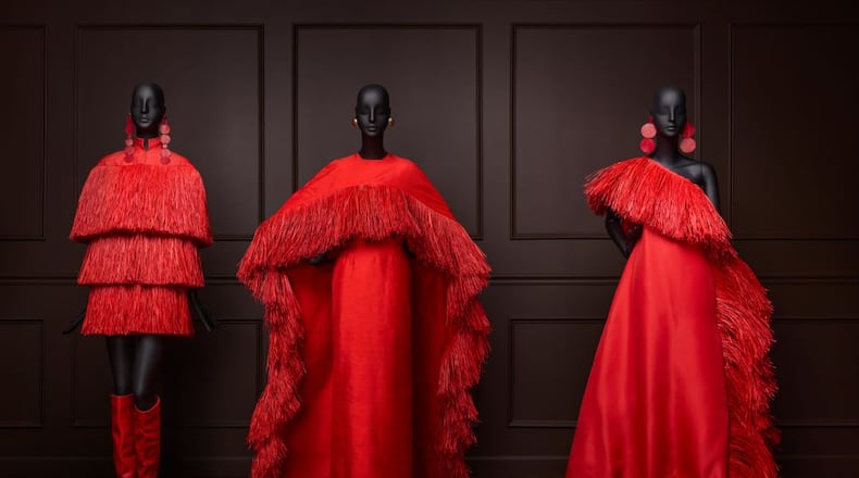 Dresses designed by Imane Ayissi made with raffia, a textile from Madagascar.
