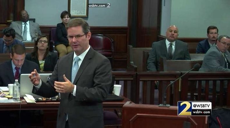 Prosecutor Chuck Boring cross-examines a defense witness during the Harris trial. (Screen capture via WSB-TV