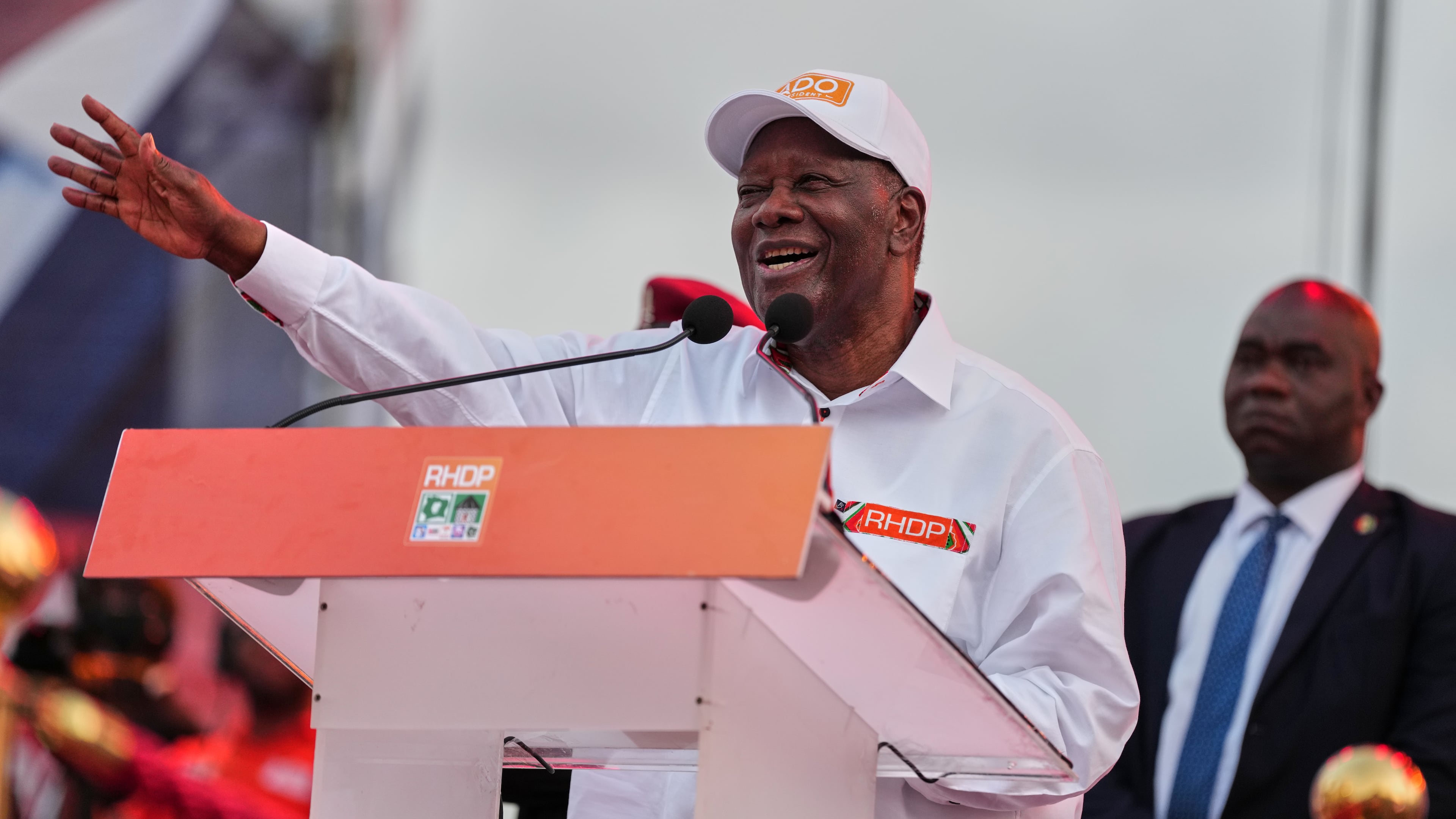 President Alassane Ouattara speaks during his final campaign rally at Republic Square in Abidjan, Ivory Coast, Thursday, Oct. 23, 2025. (AP Photo/Misper Apawu)