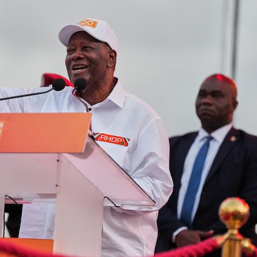 President Alassane Ouattara speaks during his final campaign rally at Republic Square in Abidjan, Ivory Coast, Thursday, Oct. 23, 2025. (AP Photo/Misper Apawu)