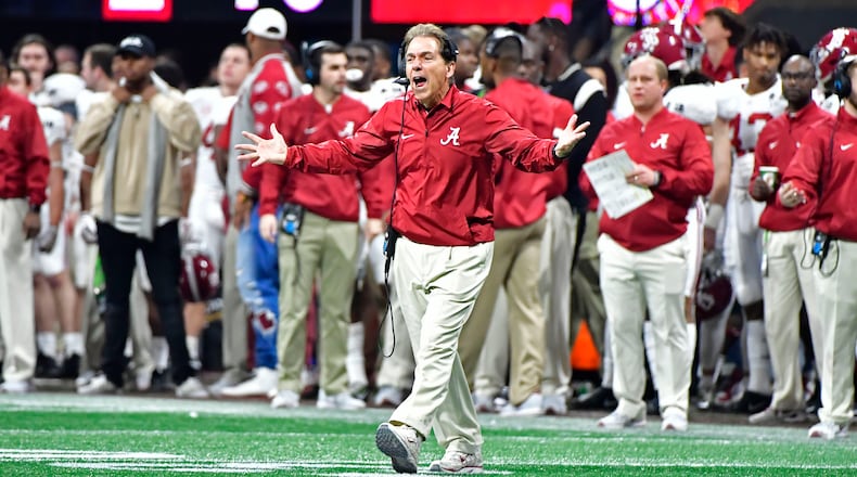 Alabama head coach Nick Saban shouts instructions in the second half of College Football Playoff National Championship Monday, Jan. 8, 2018, at Mercedes-Benz Stadium in Atlanta.