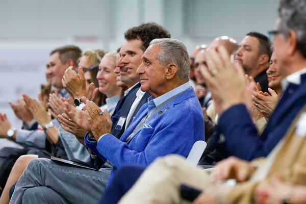 Arthur Blank, Home Depot co-founder and owner of the Falcons and Atlanta United, claps at the opening ceremony of the Arthur M. Blank U.S. Soccer National Training Center in Fayetteville on May 7, 2026. Blank donated $50 million to the project. (Arvin Temkar/AJC)