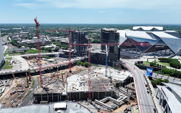 Aerial photo shows Centennial Yards construction site during Cosm Atlanta Steel Rising Ceremony, Thursday, May 15, 2025, in Atlanta. (Hyosub Shin/AJC)