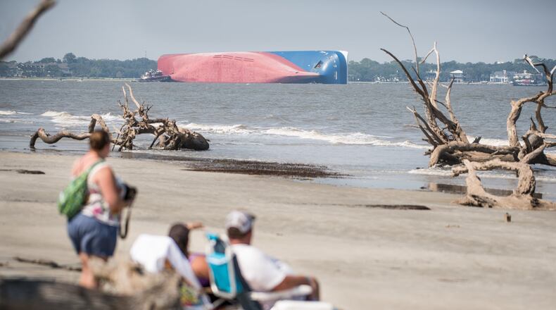 A 656-foot vehicle carrier, the Golden Ray, capsized in St. Simons Sound on Sunday. SEAN RAYFORD / GETTY IMAGES