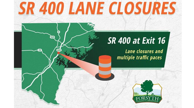Median work at Pilgrim Mill Road and Ga. 400 in Forsyth County will mean daytime lane closures and traffic pacing Monday through Wednesday, Nov. 16-18.