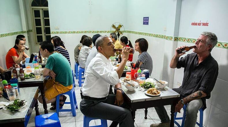 Pres. Obama drinks up with Anthony Bourdain in Hanoi, Vietnam on the season 8 premiere of "Parts Unknown." CREDIT: CNN