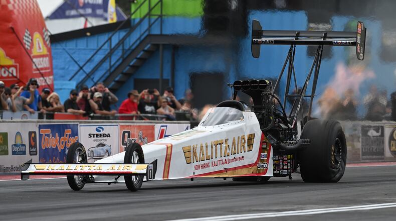 In this photo provided by the NHRA, Top Fuel's Shawn Langdon sets a new NHRA speed record Friday, May 1, 2026, at the NHRA Southern Nationals drag races at South Georgia Motorsports Park in Adel, Ga. (Marc Gewertz/NHRA via AP)