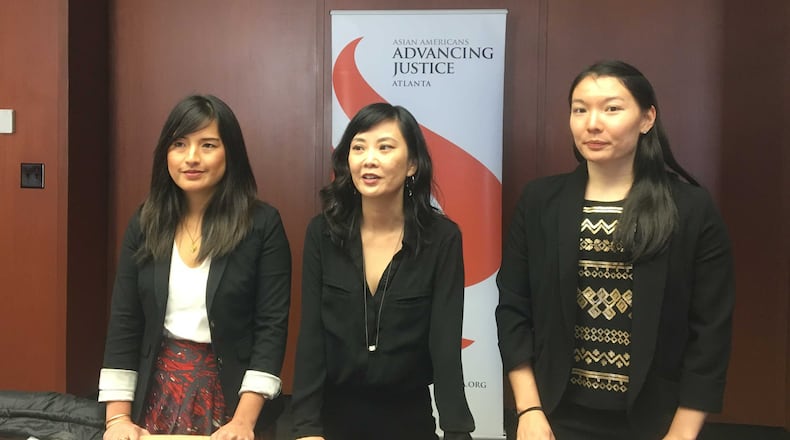 Asian American Advancing Justice-Atlanta announced it filed a federal lawsuit seeking greater access to interpreters in Georgia elections during a press conference at the Coverdell Legislative Office Building in Atlanta on Wednesday, Nov. 28, 2018. From left: Litigation Director Phi Nguyen, Executive Director Stephanie Cho and Legal Fellow Hillary Li. MARK NIESSE / MARK.NIESSE@AJC.COM