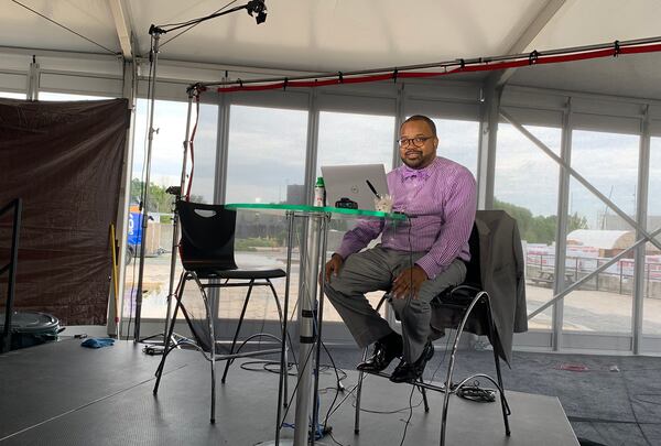 CBS46 uprooted for a week to Assembly Studios while its 14th Street studios were being renovated. Meteorologist Rodney Harris prepped for the noon newscast August 11, 2022. RODNEY HO/rho@ajc.com