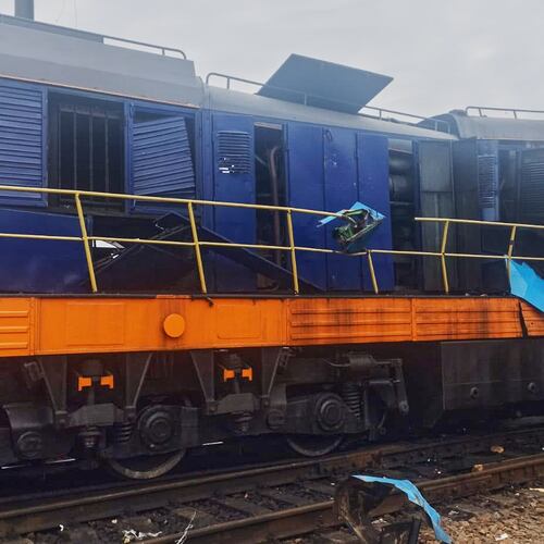 In this photo provided by the Ukrainian Ukrzaliznytsia Railway Company Press Office, a locomotive damaged in a Russian drone attack is seen at Yahodyn railway station near Ukraine's border with Poland, Ukraine, Sunday, Sept. 13, 2026. (Ukrainian Ukrzaliznytsia Railway Company Press Office via AP)