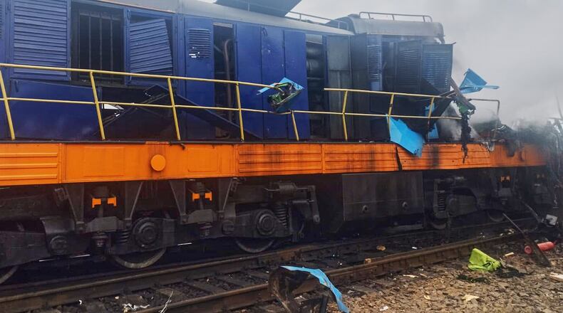 In this photo provided by the Ukrainian Ukrzaliznytsia Railway Company Press Office, a locomotive damaged in a Russian drone attack is seen at Yahodyn railway station near Ukraine's border with Poland, Ukraine, Sunday, Sept. 13, 2026. (Ukrainian Ukrzaliznytsia Railway Company Press Office via AP)