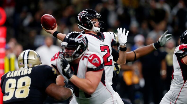 Falcons quarterback Matt Ryan finds the going a little more cluttered this season, compared to 2016. (AP Photo/Butch Dill)
