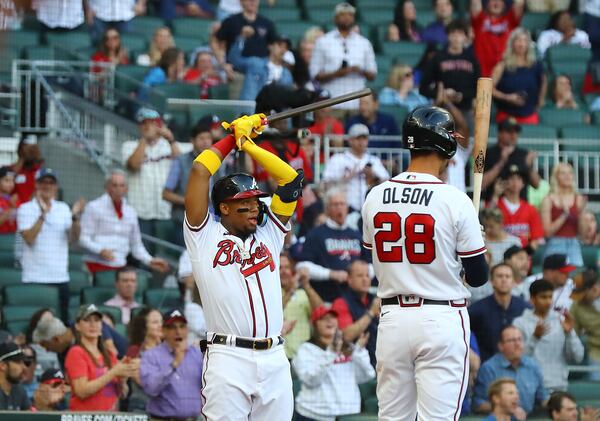Braves fans applaud for outfielder Ronald Acuna as he prepares to bat leadoff.    “Curtis Compton / Curtis.Compton@ajc.com”