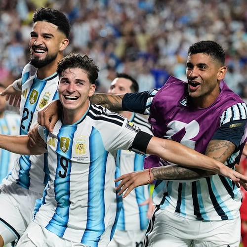Argentina's Julian Alvarez (9) celebrates after scoring his side's second goal during the World Cup quarterfinal soccer match against Switzerland in Kansas City, Mo., Saturday, July 11, 2026. (AP Photo/Charlie Riedel)