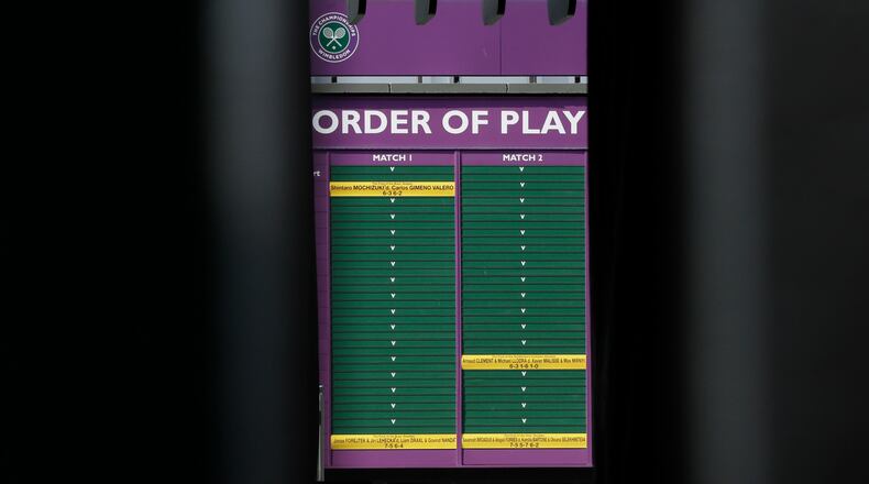 An order of play sign in the grounds of Wimbledon as it is announced that the Wimbledon tennis Championships 2020 has been canceled due to public health concerns linked to the coronavirus, in London, Wednesday, April 1, 2020.